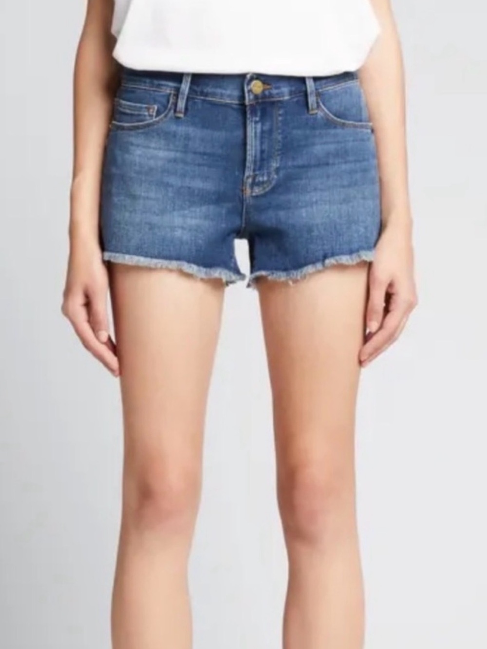 Frame Le Cutoff Blue Frayed Hem Jean Shorts
